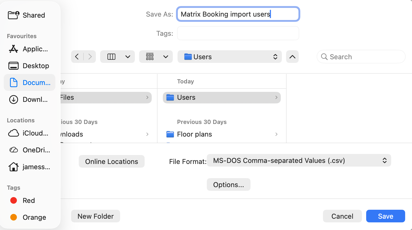 File explorer with spreadsheet being saved as CSV file.