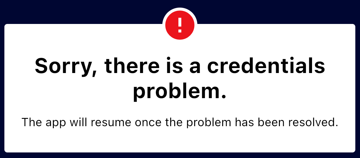 Credentials error message.