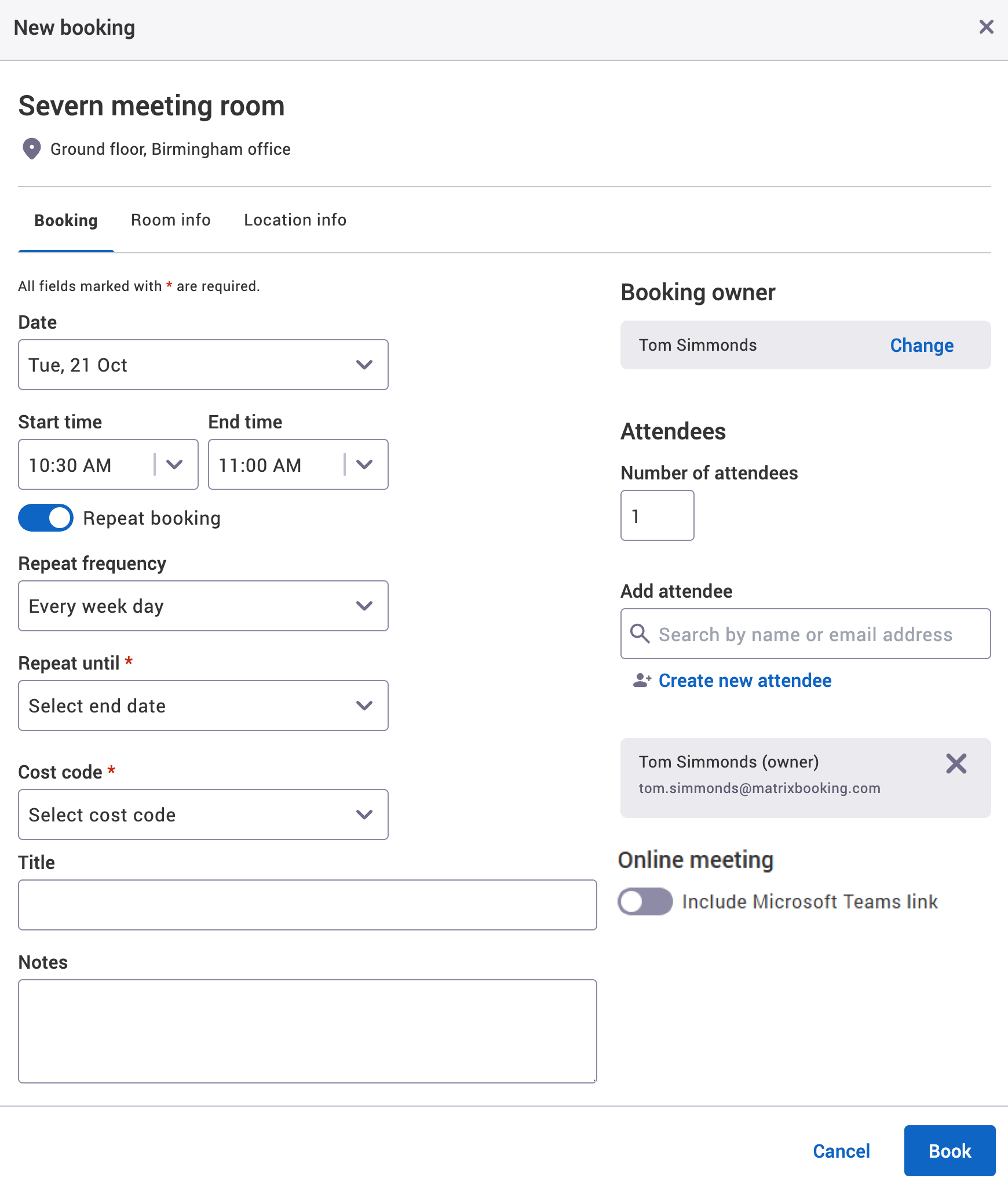 New booking dialog with the Online meeting section and Teams link button.