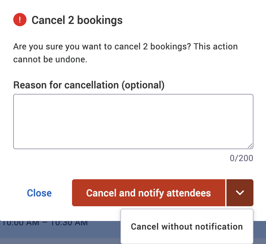 Cancel number bookings warning dialog.