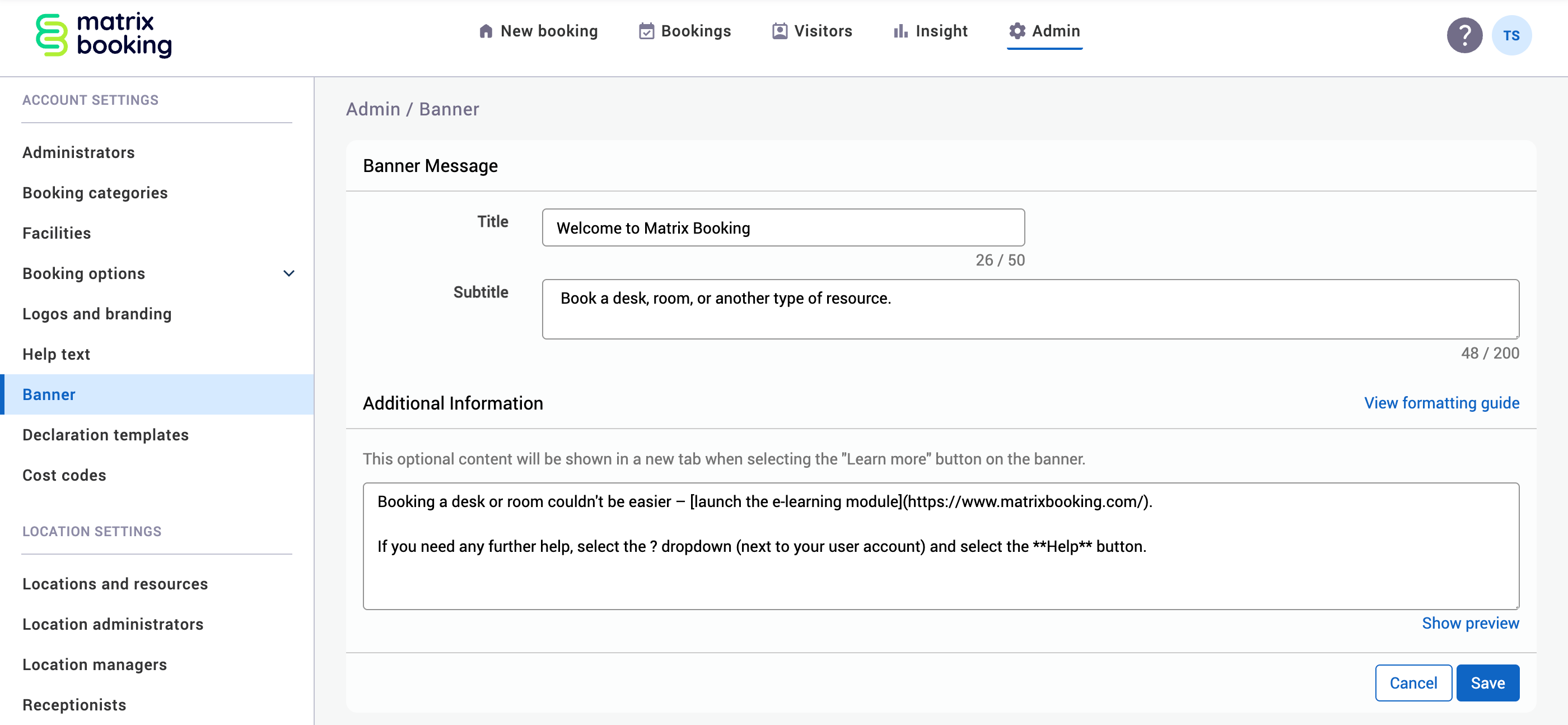 Banner screen with example text inputted.