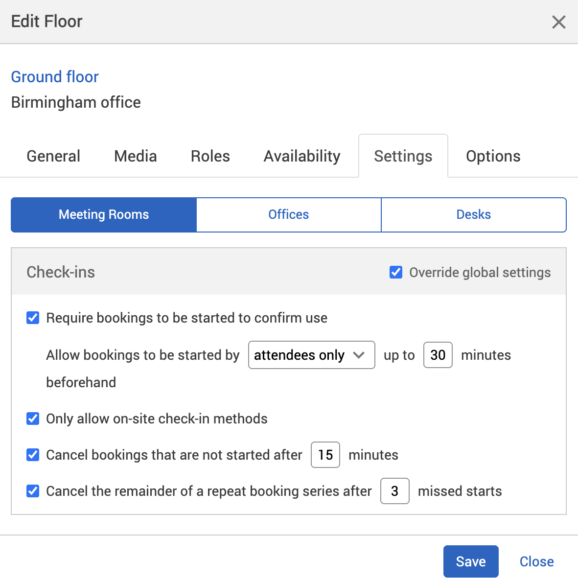 Check-in settings switched on in the settings tab of the edit location pop-up.