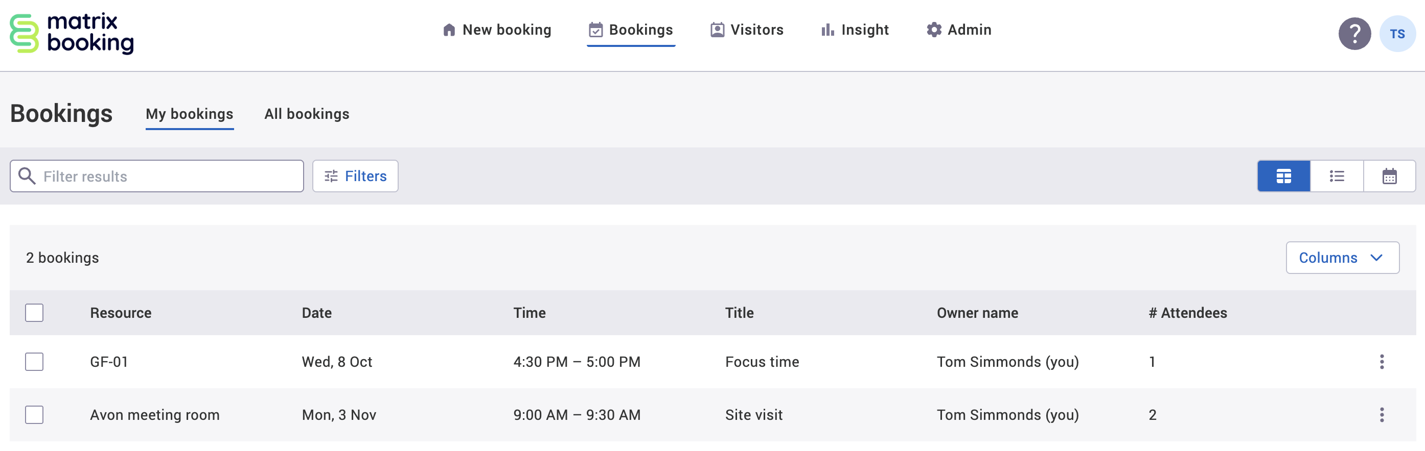 Table view of the My bookings tab in the bookings screen with 2 example bookings.