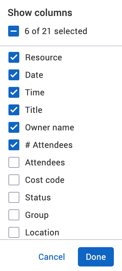 Show columns dropdown.
