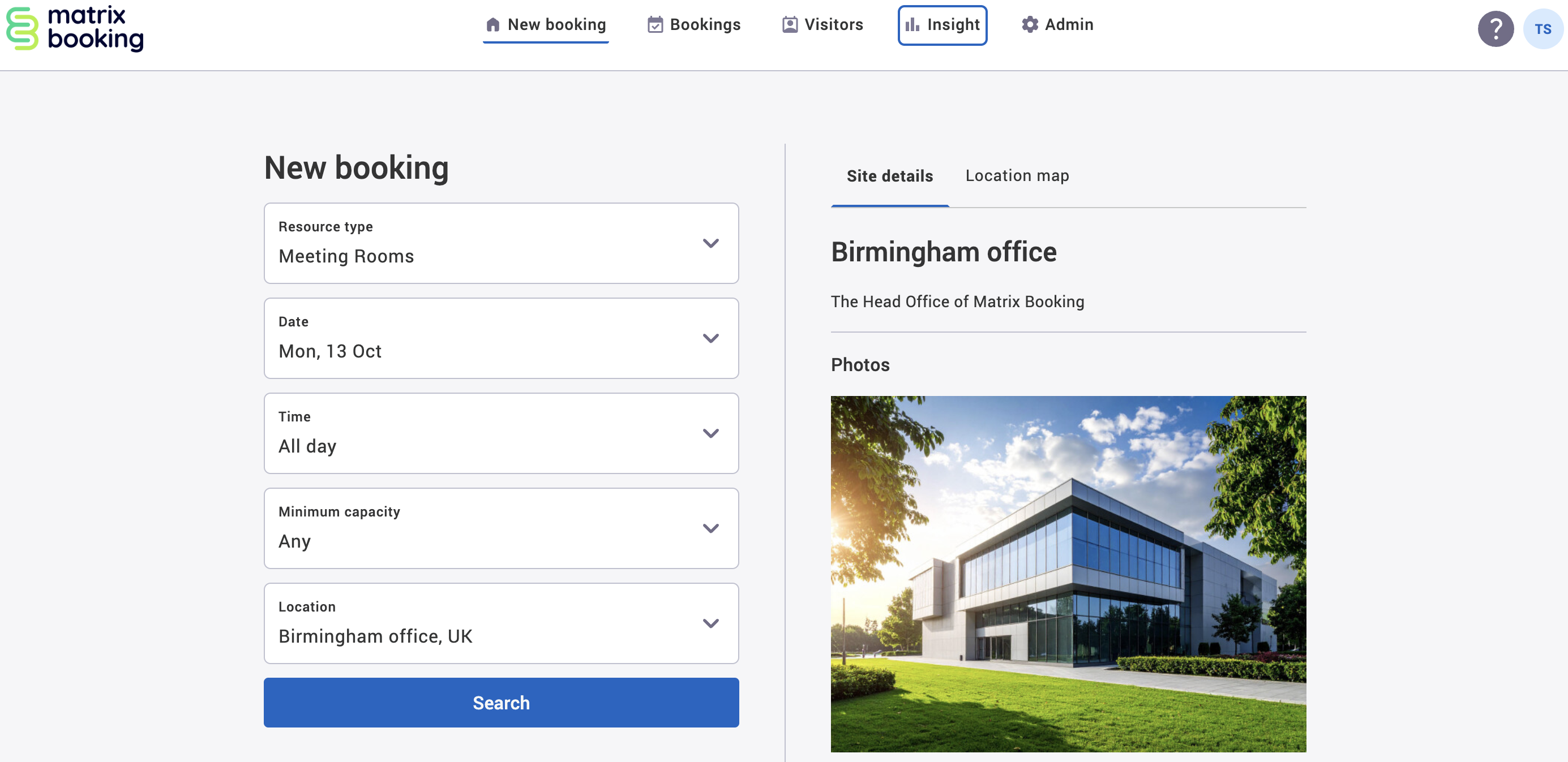 Insight button in the navigation bar of Matrix Booking.