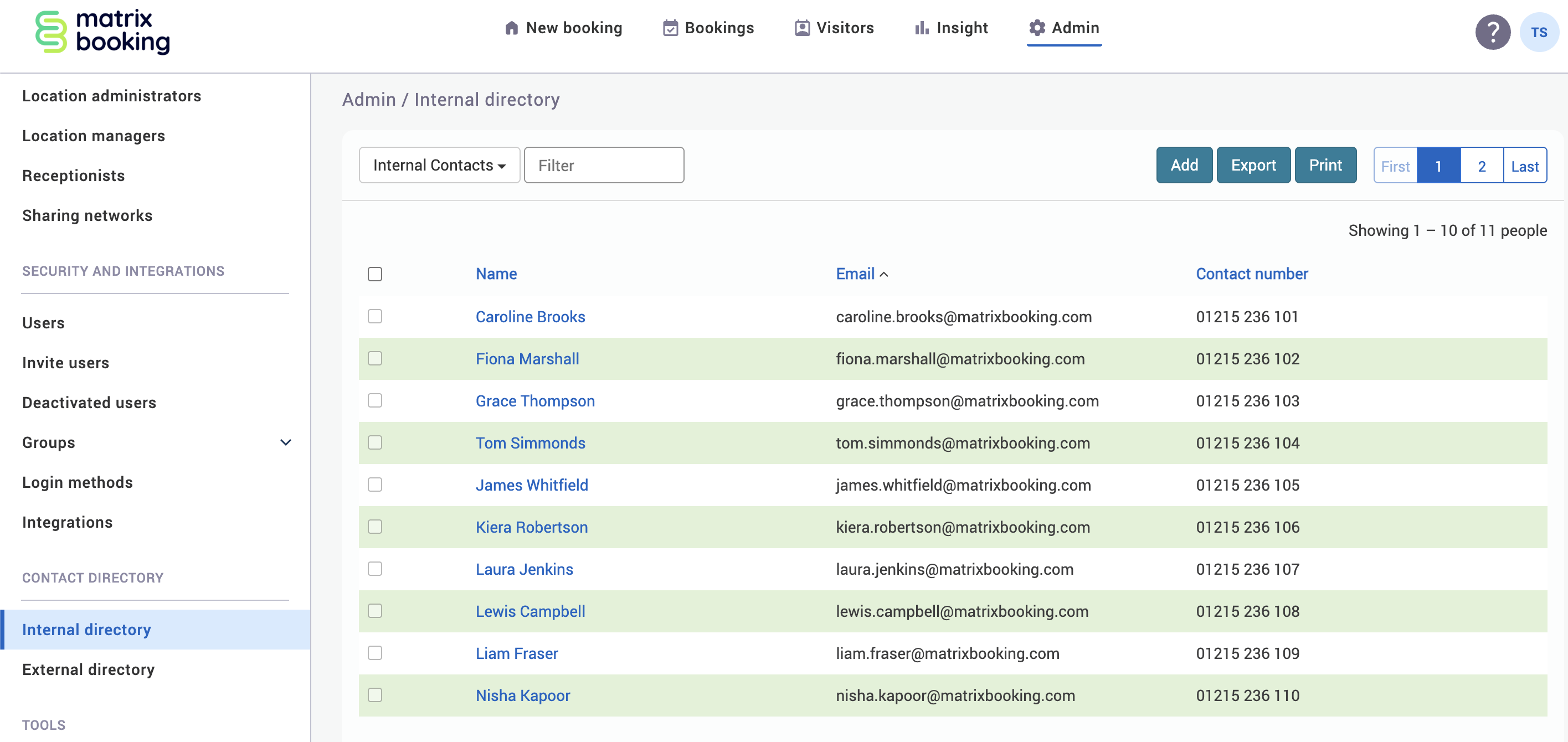 Internal directory screen.