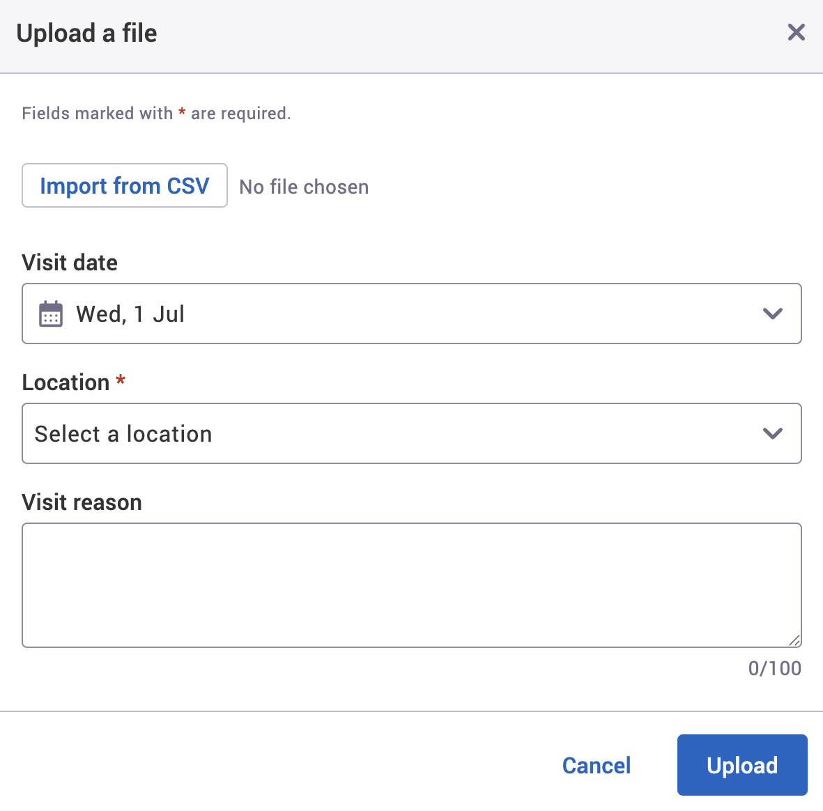 Upload a file dialog for importing visitors.