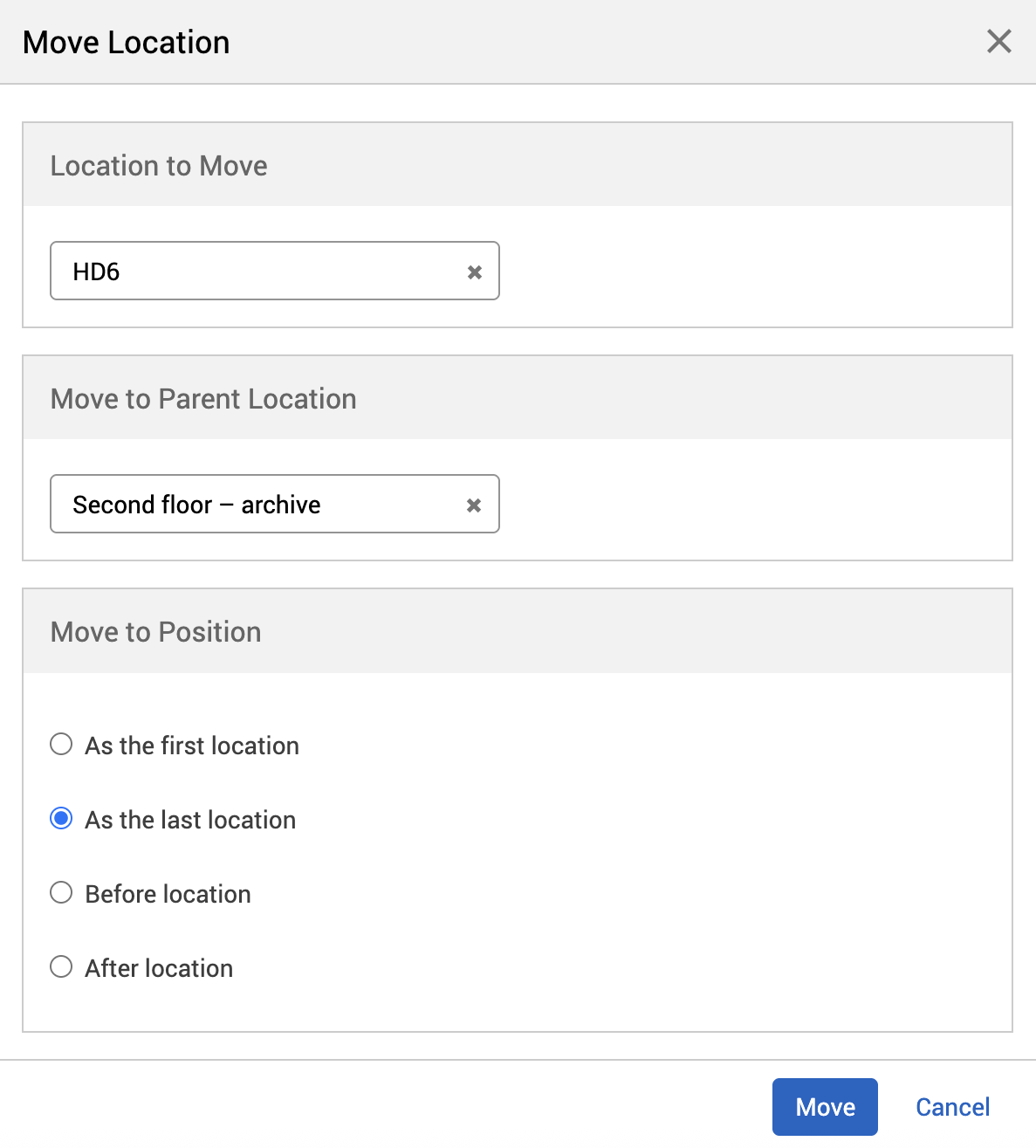 The move location pop-up with an example resource being moved to the archive region.