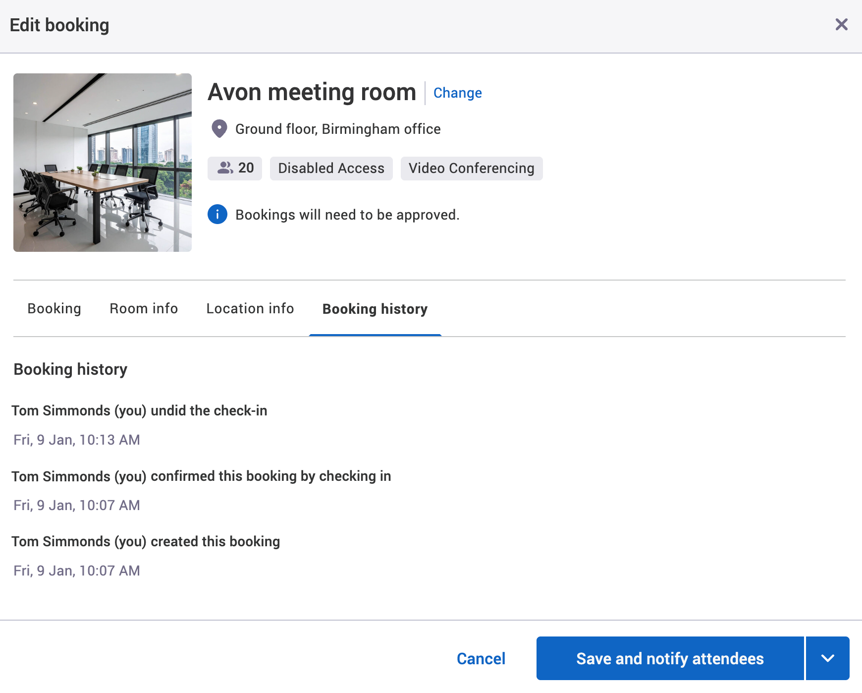Booking history with checking undone recorded in the edit booking dialog.
