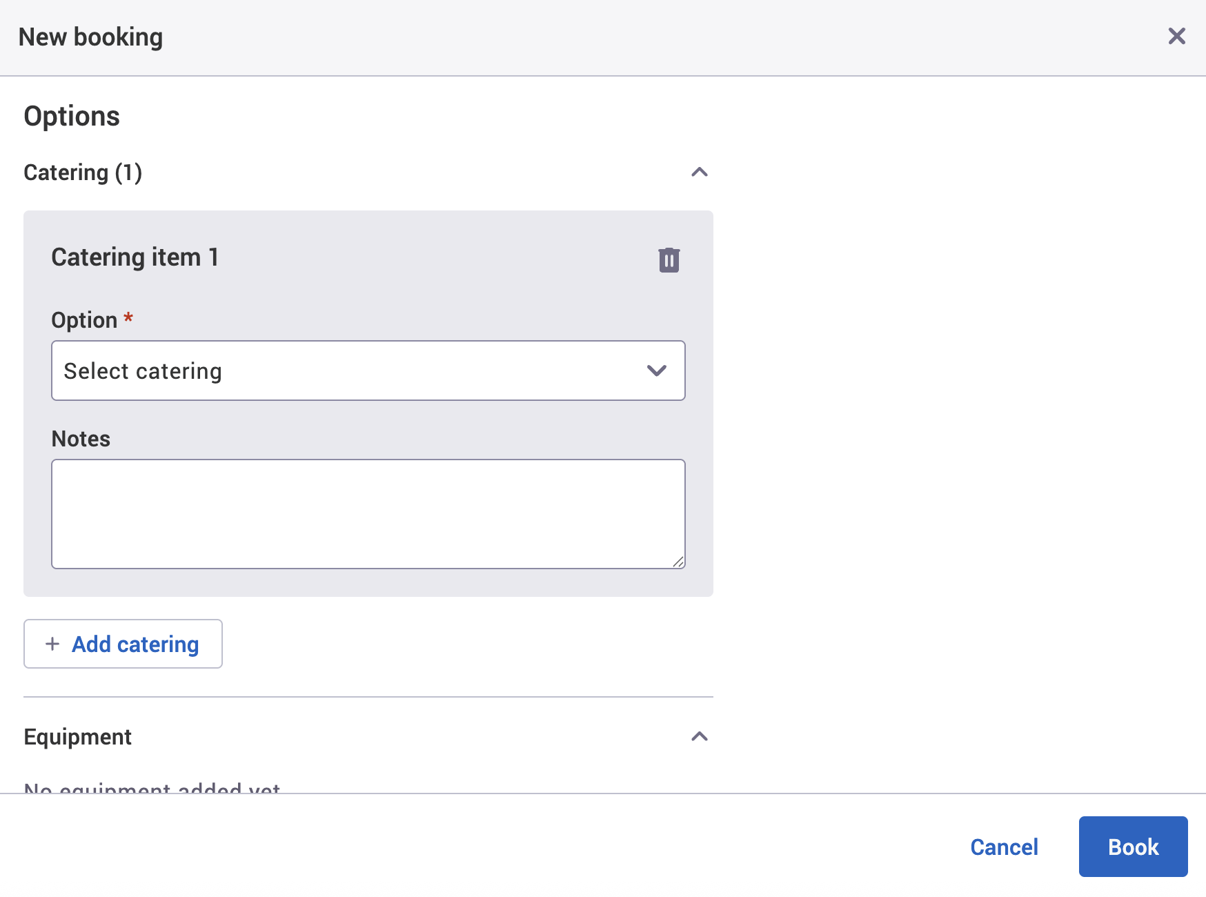 Options section of the New booking pop-up.