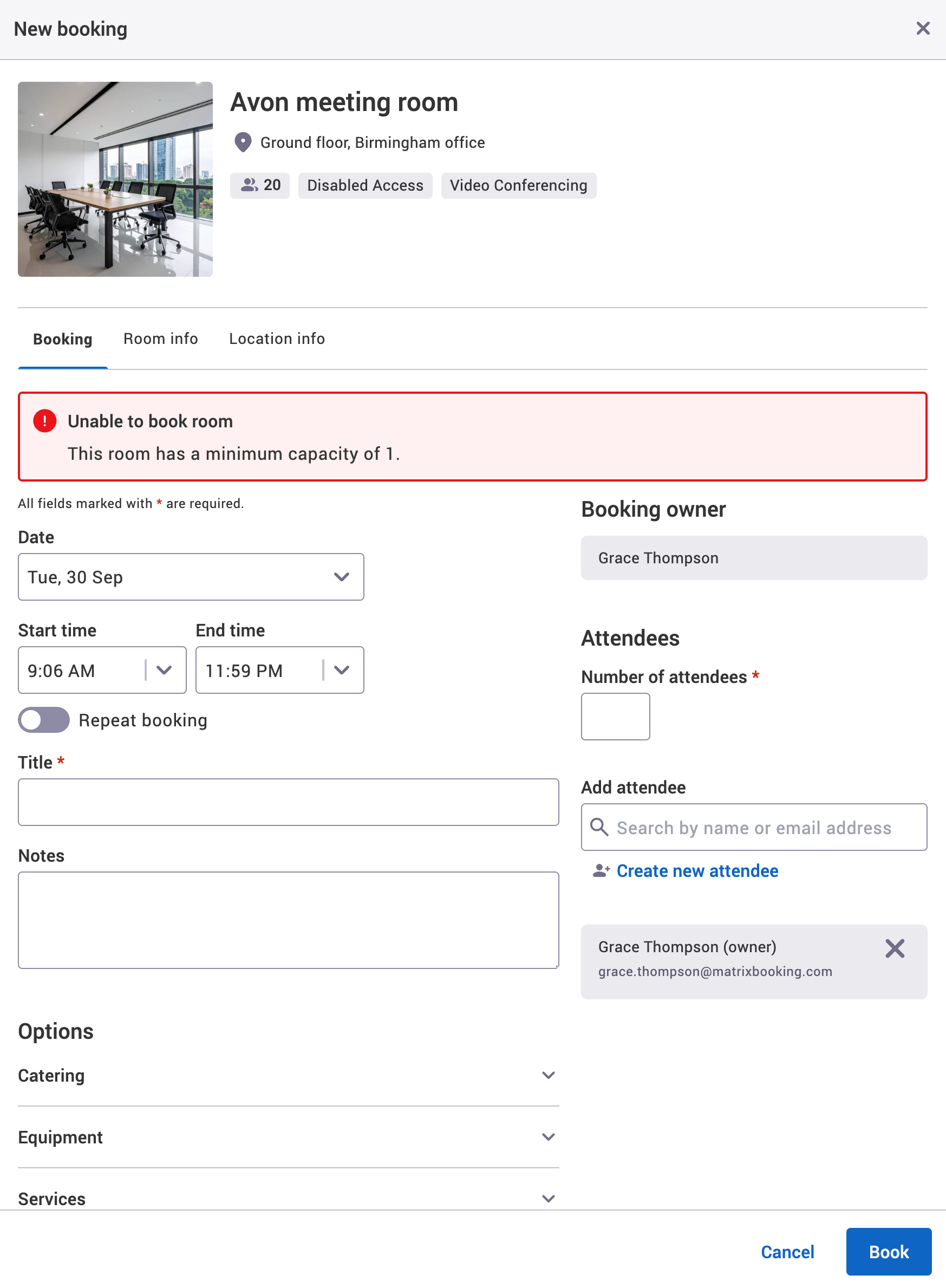 Minimum capacity warning message in the new booking pop-up.