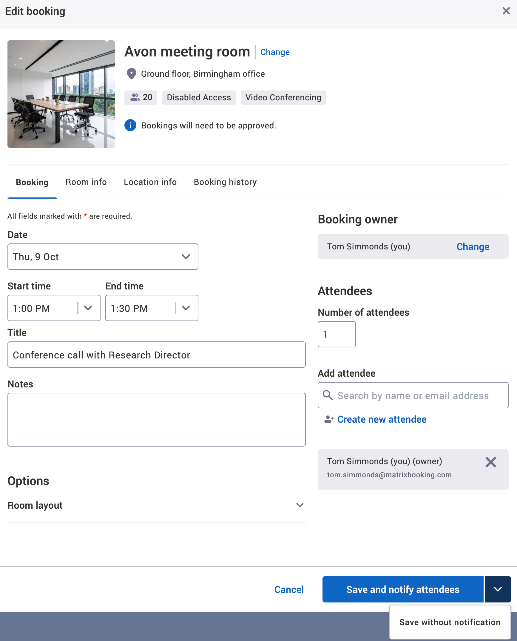 Edit booking pop-up with an example upcoming booking.