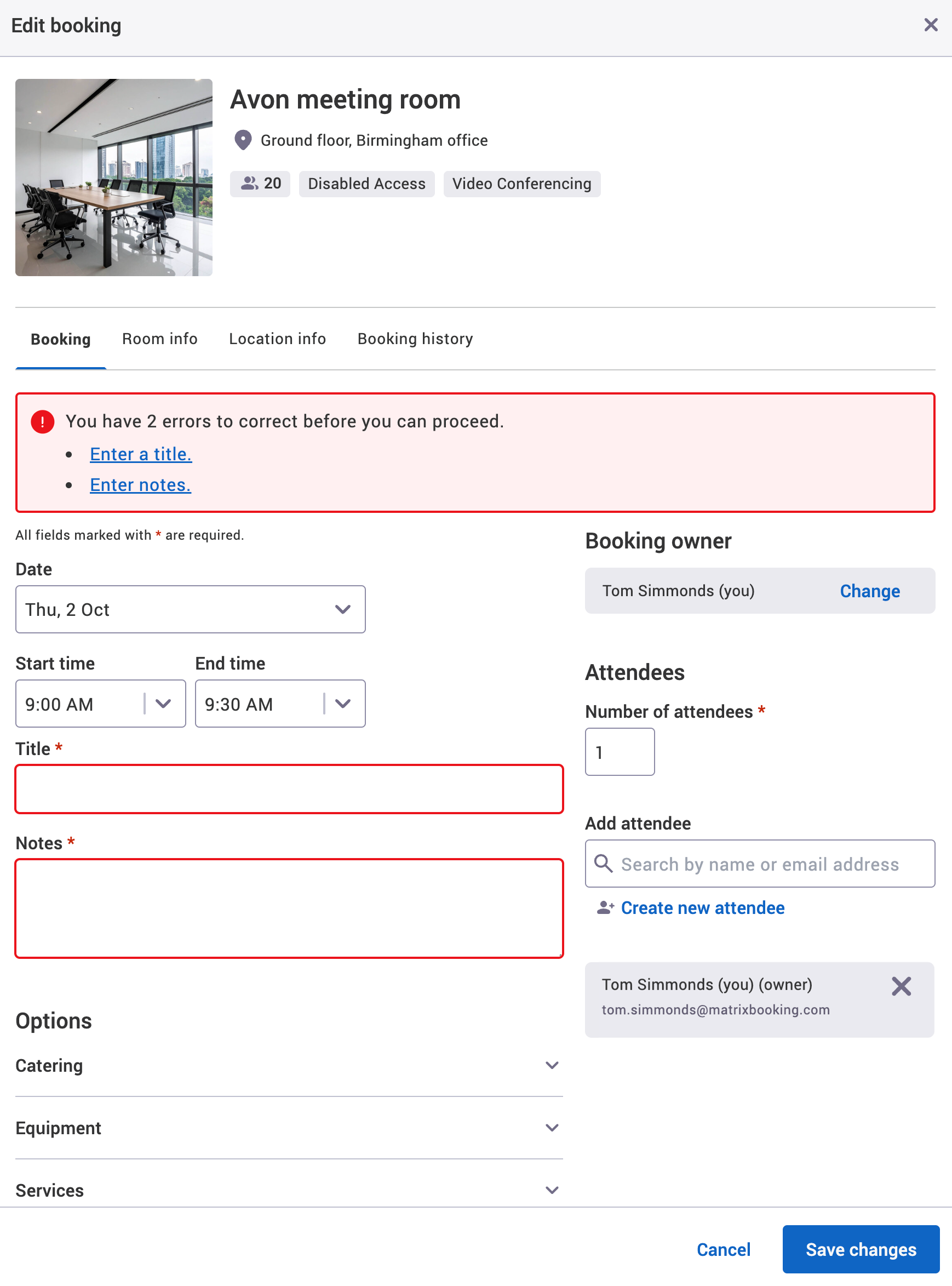 Enter title and notes error messages on the new booking pop-up.