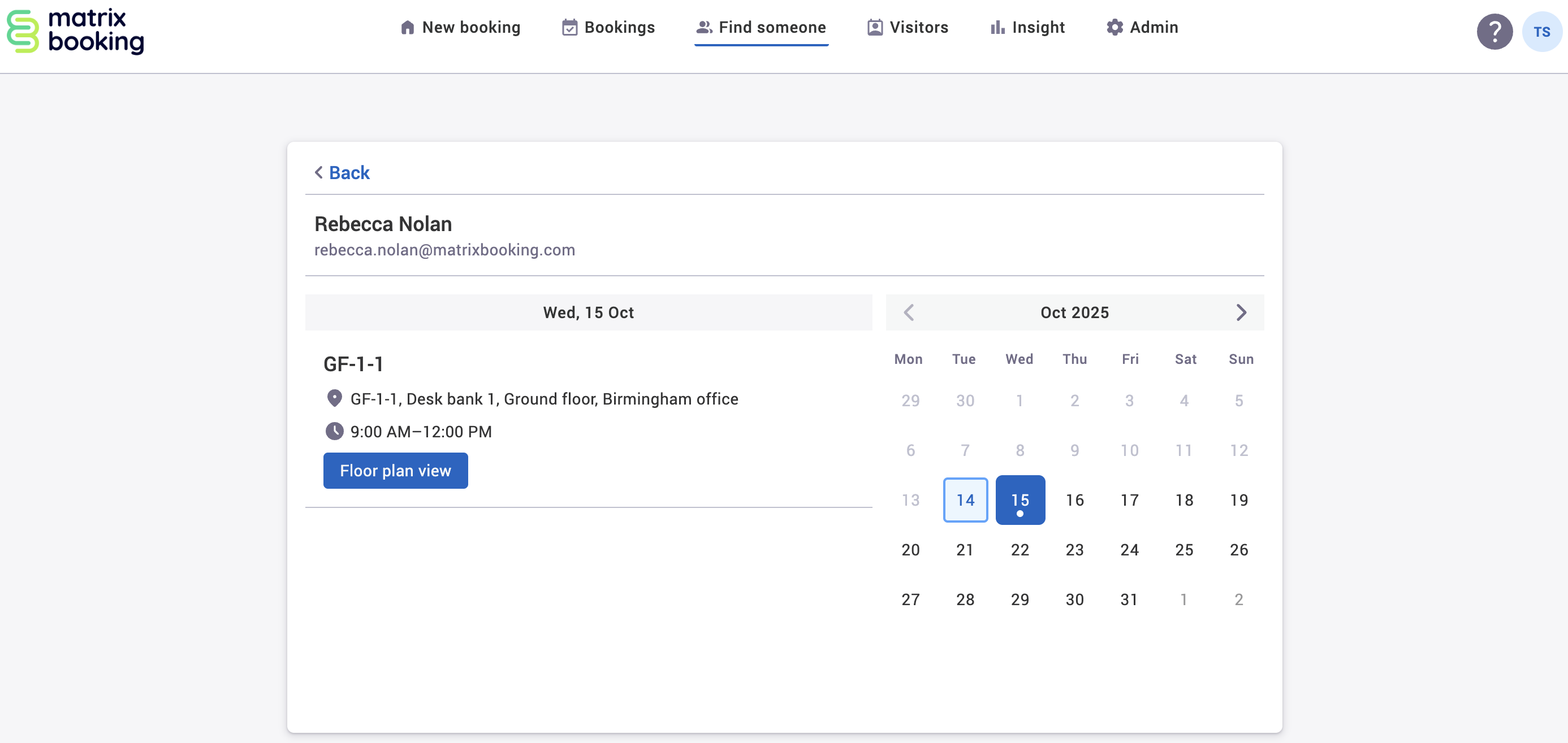 Find someone screen with an example person search for and their bookings shown.