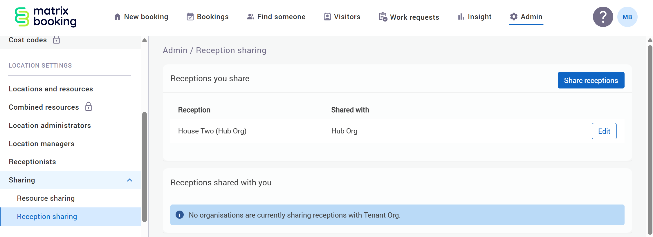 Reception sharing screen for the sharee organisation.