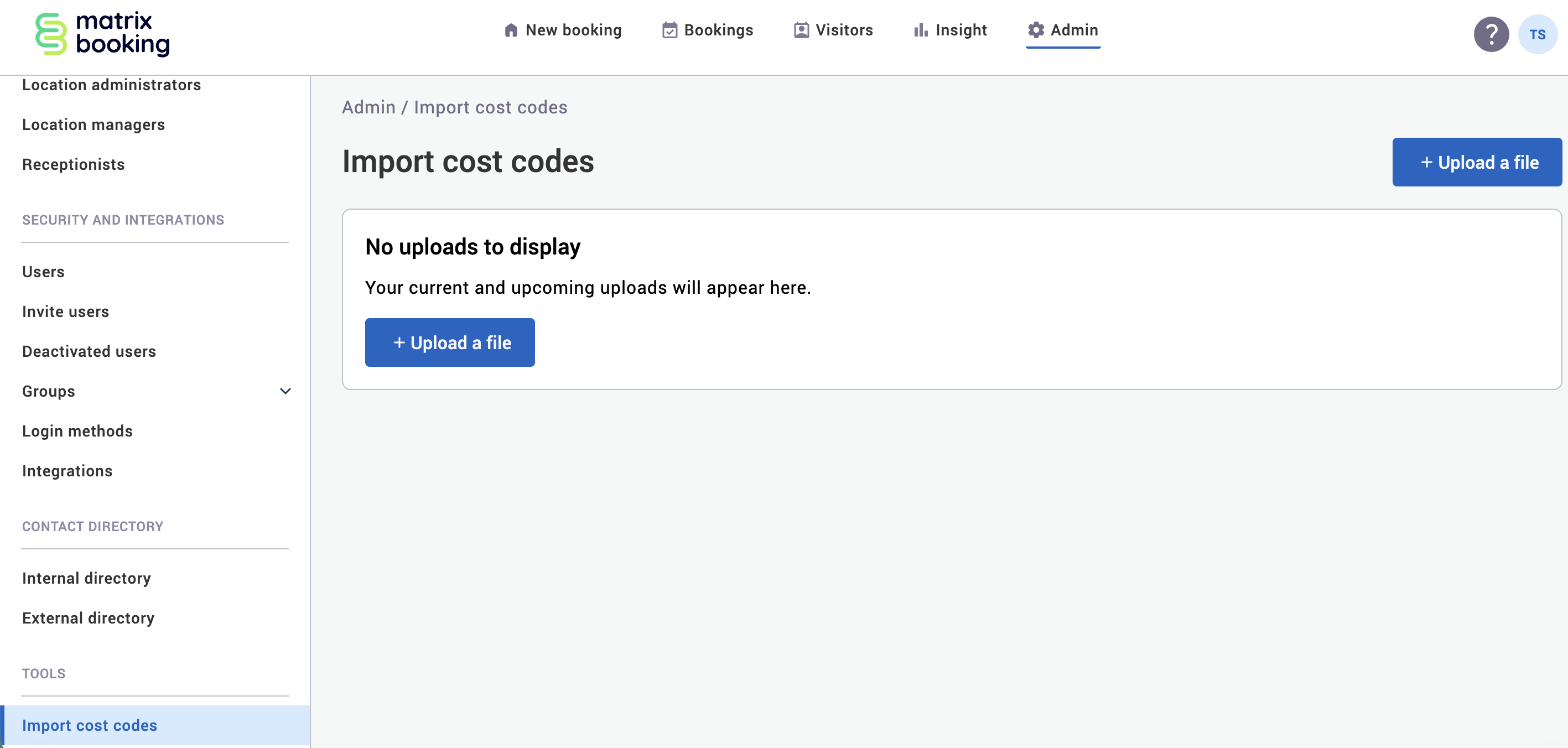 Import cost codes screen.