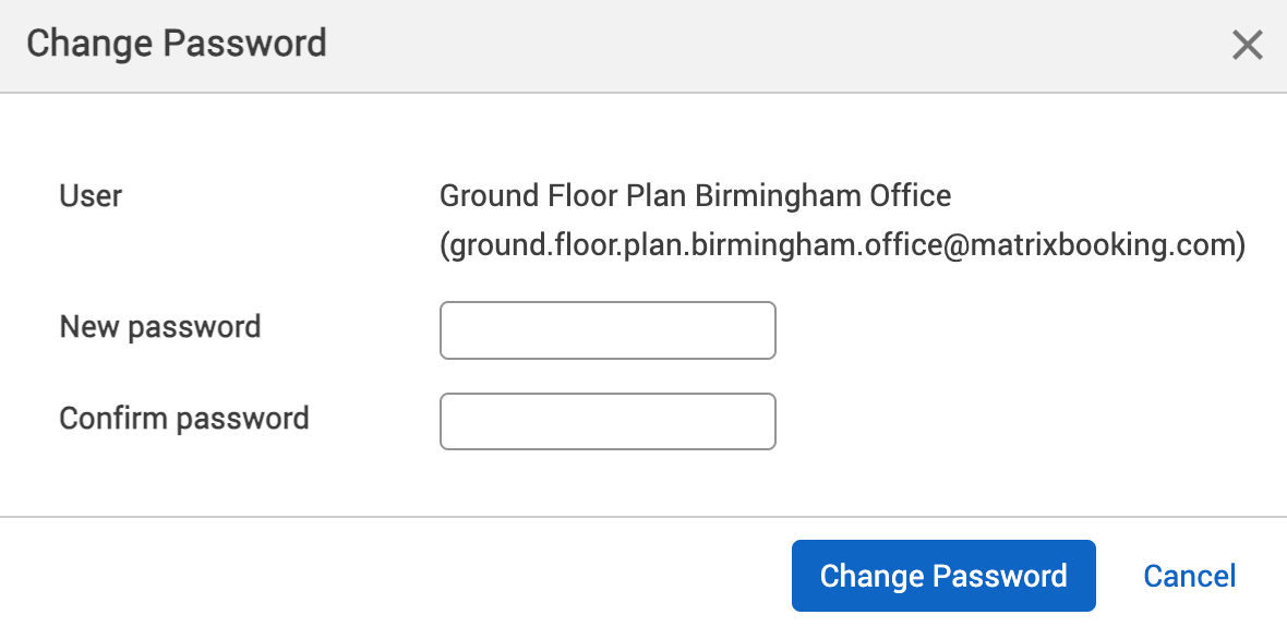 Change password dialog for an example kiosk user account.