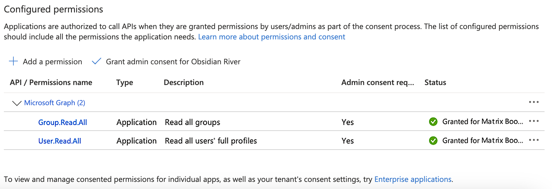 Configured permissions screen in Microsoft Azure with the required permissions added.