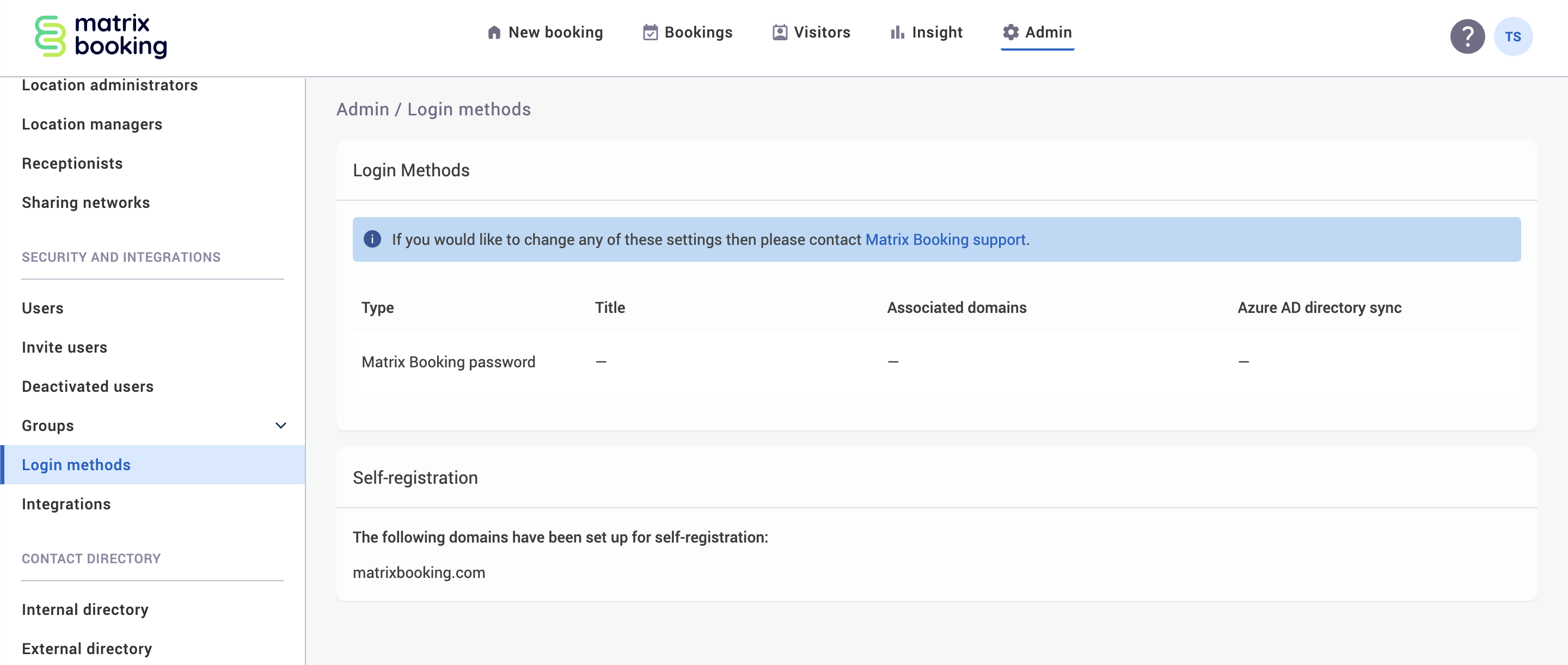 Login methods page with the Self-registration section listing the domains that can be used for setting up self-registration.