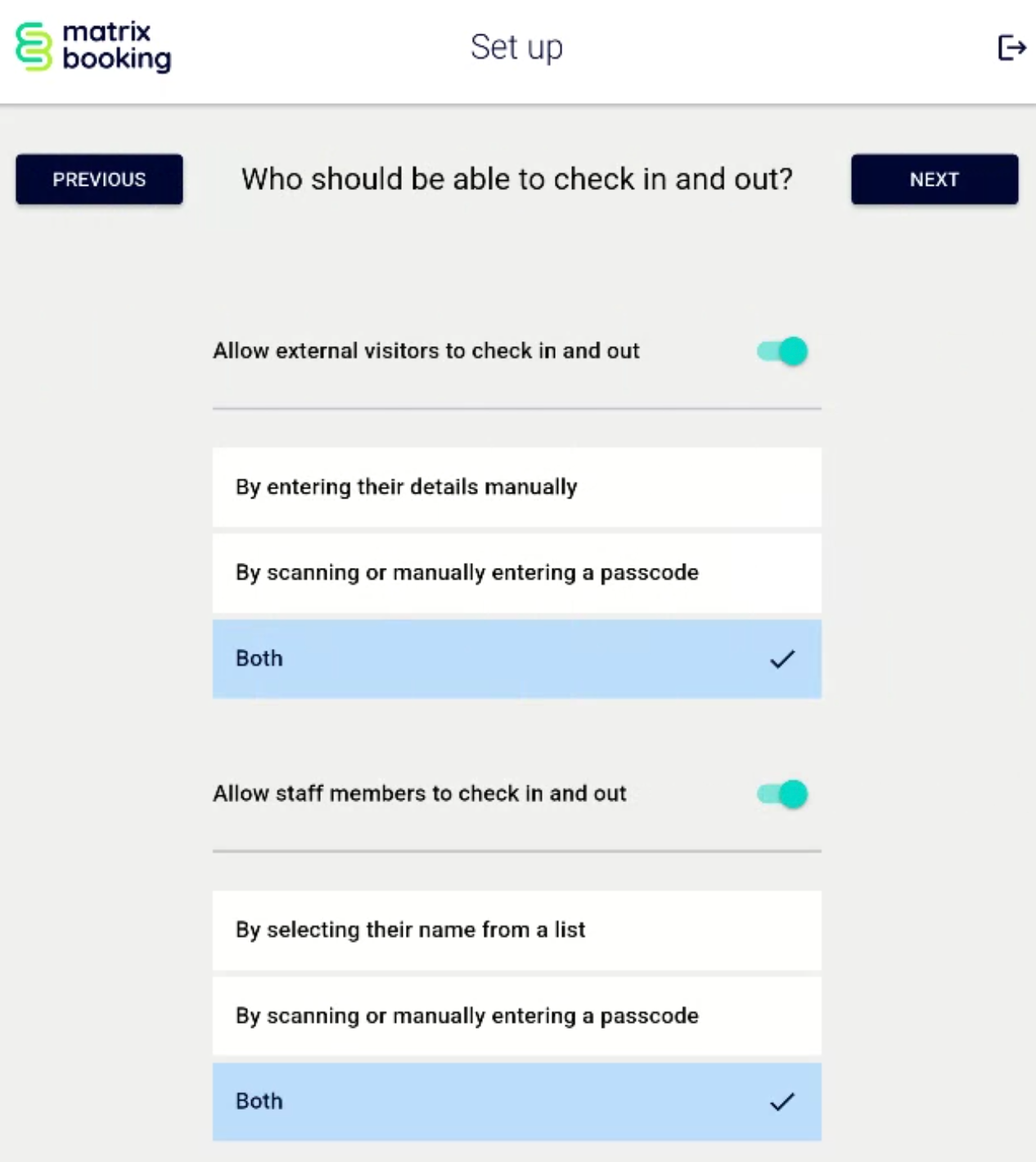 Welcome app check in and out setup screen.