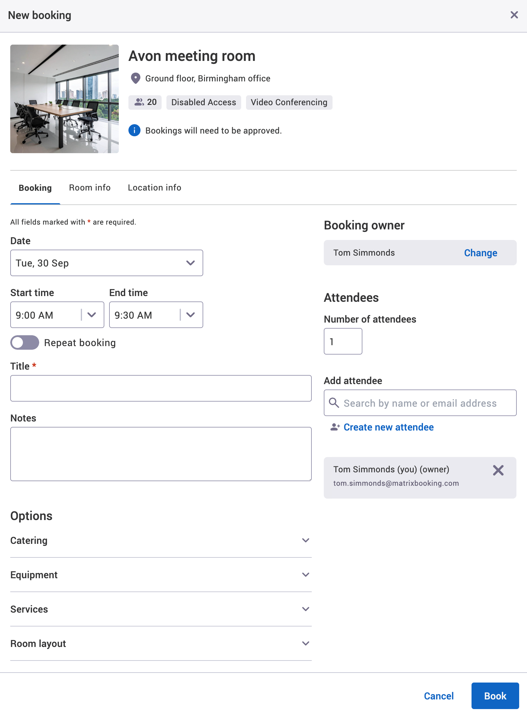 Booking will need to be approved info message in the new booking pop-up.