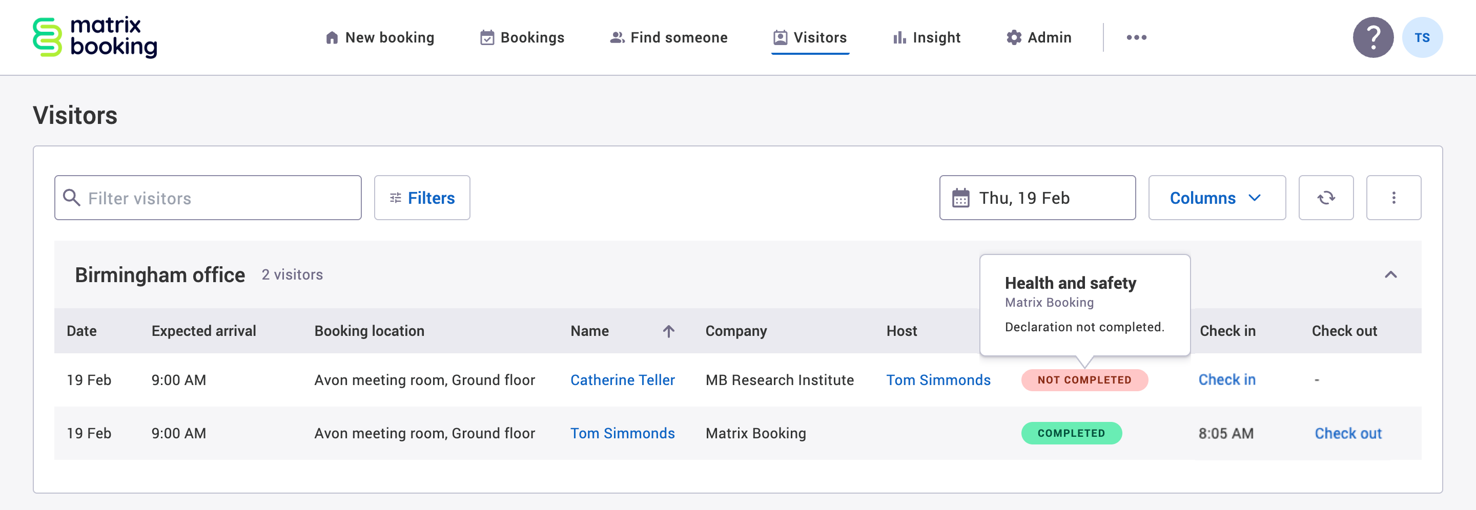 Visitors list with example visitors.