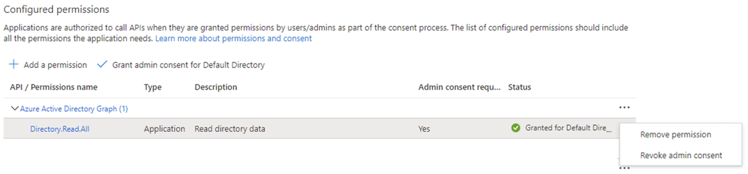 Configured permissions screen in Microsoft Azure with the directory read all permission to be removed.